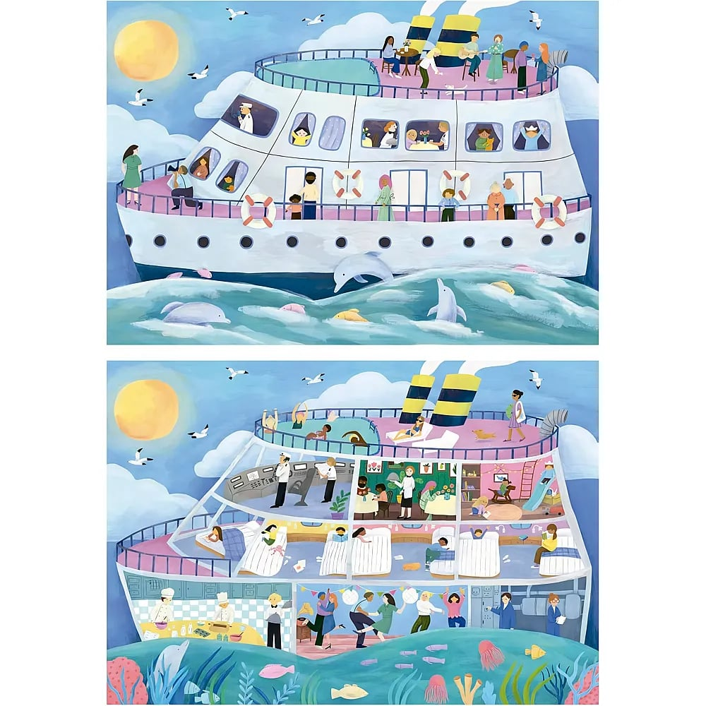 Illustration eines Kreuzfahrtschiffs außen und im Querschnitt mit Passagieren, Delfinen und Meereslebewesen.