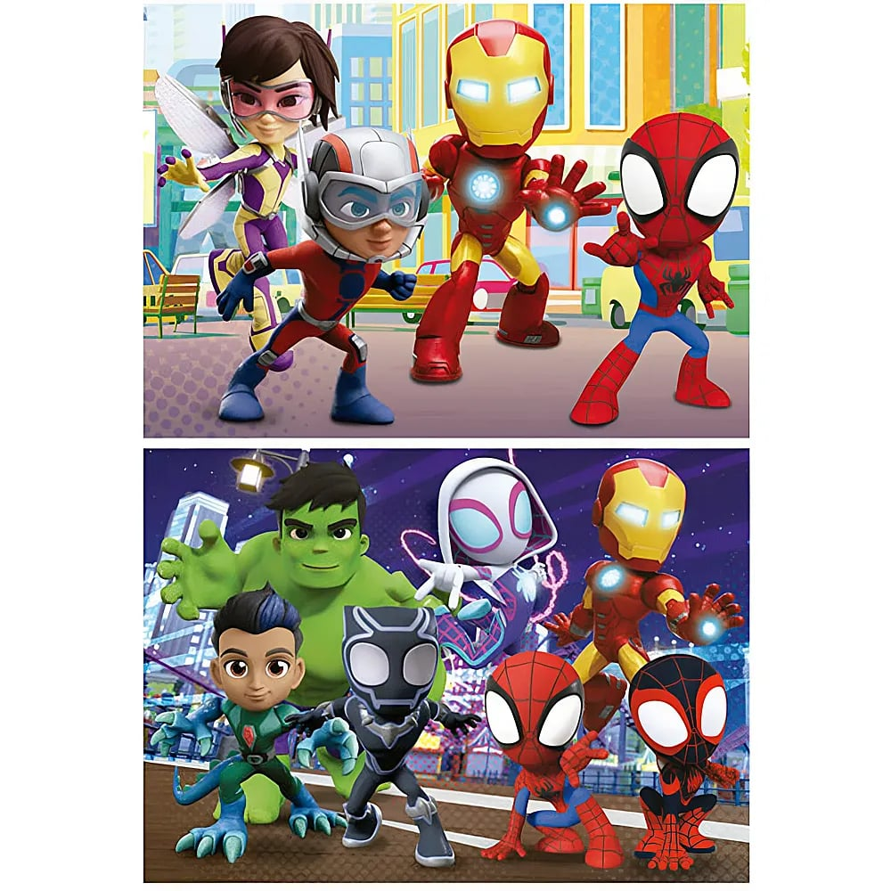 Verschiedene Marvel-Superhelden im Zeichentrickstil posieren in zwei Szenen.