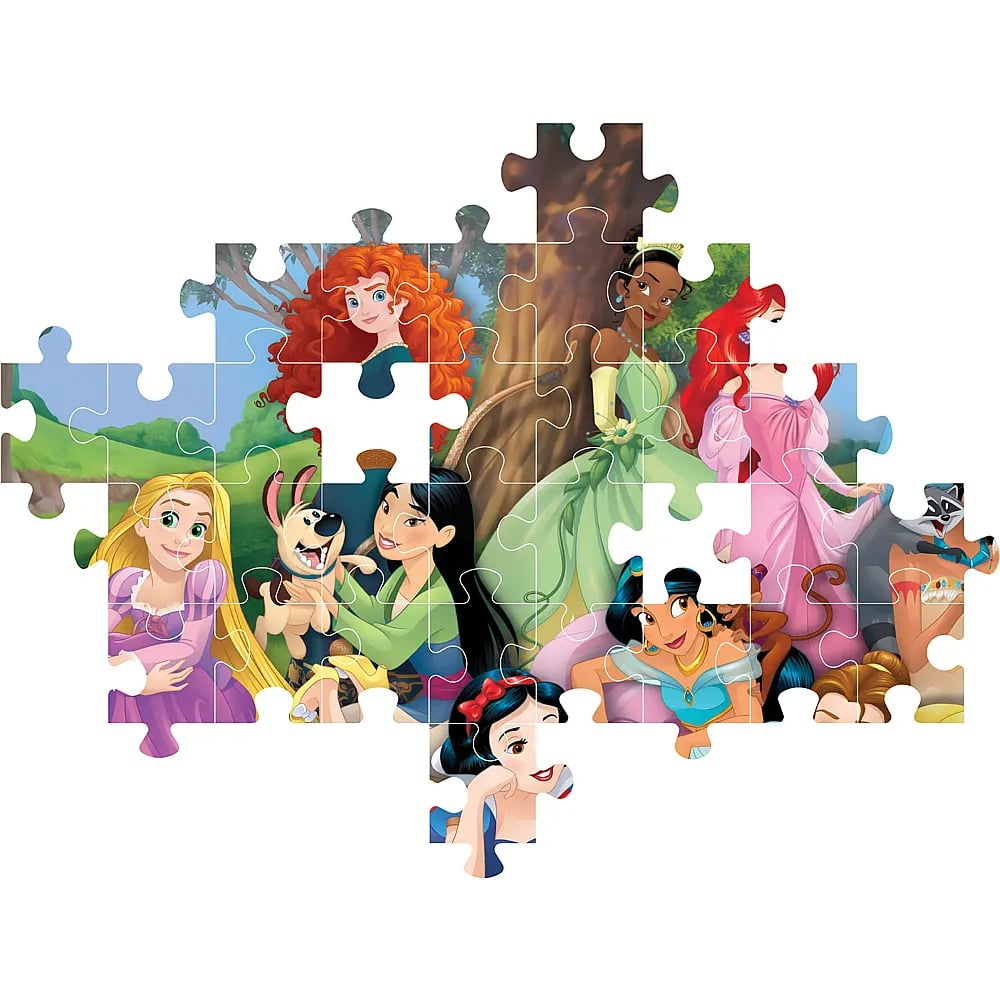 Een incomplete puzzel toont verschillende Disney-prinsessen tegen een kleurrijke bosachtergrond.