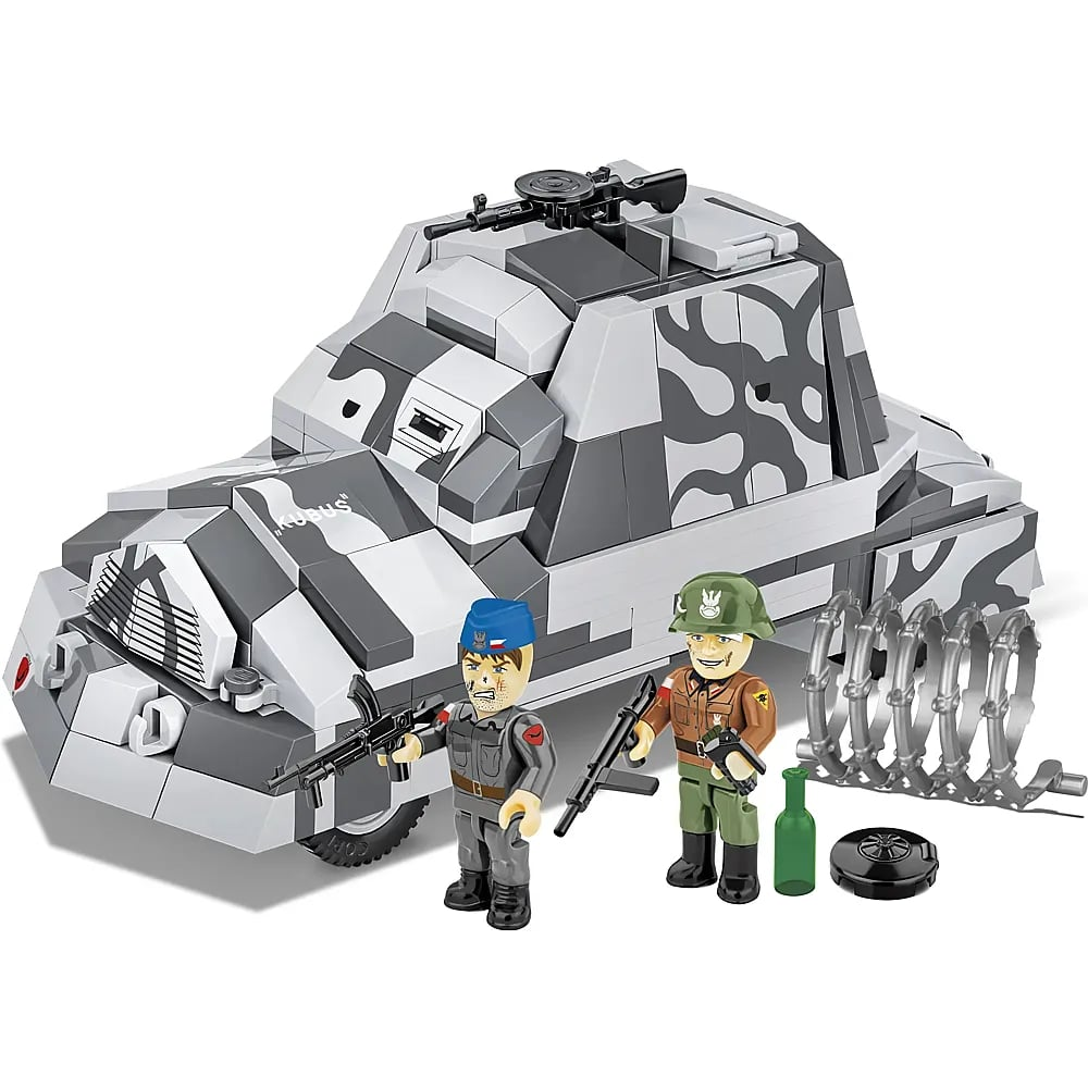 Ein graues gepanzertes Spielzeugfahrzeug mit Tarnmuster, zwei Soldaten mit Waffen und Stacheldraht.