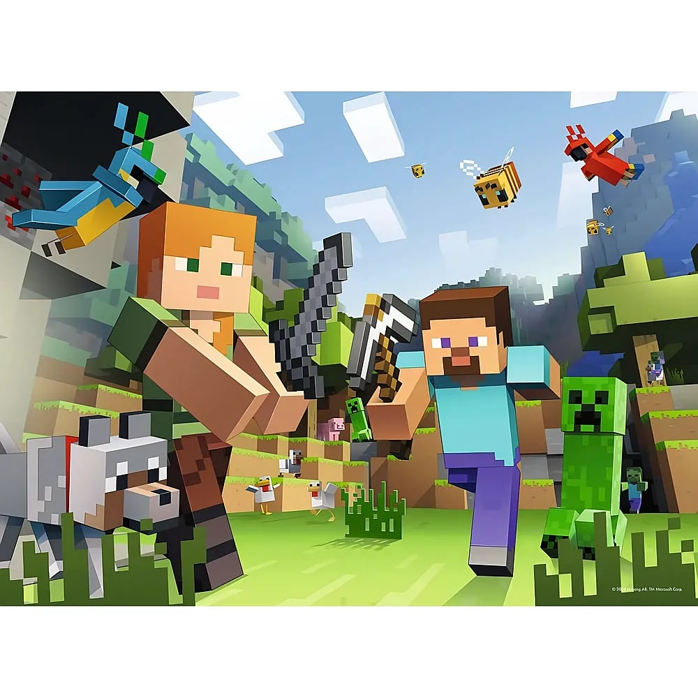 Minecraft-Szene mit Alex mit Schwert und Steve mit Spitzhacke, umgeben von blockigen Tieren und Monstern.