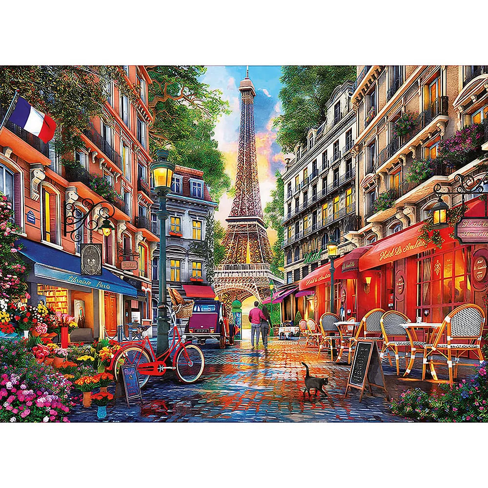 La Torre Eiffel se alza sobre una animada calle parisina con cafés y una bicicleta.