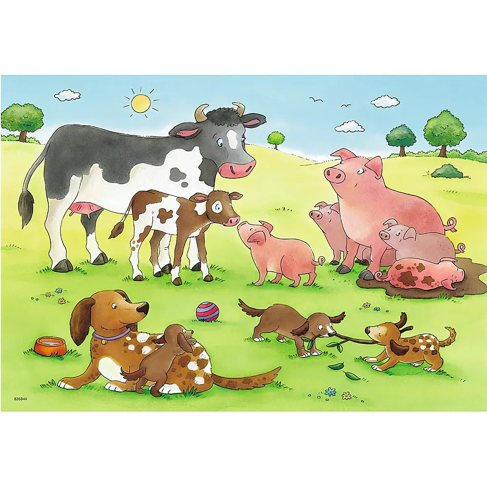 Una colorata illustrazione mostra mucche, maiali e cani in un prato verde sotto un cielo azzurro.