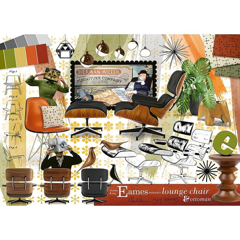 Stimmungsboard zum Eames Lounge Chair mit Möbeln, Farben, Pflanzen und Skizzen im Retro-Design.