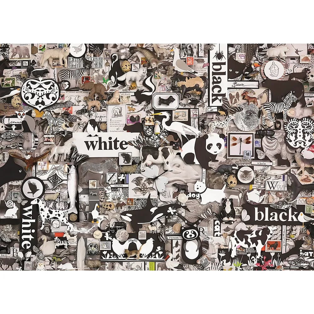 Un collage dense en noir et blanc avec de nombreuses figurines d'animaux, des timbres et le texte.