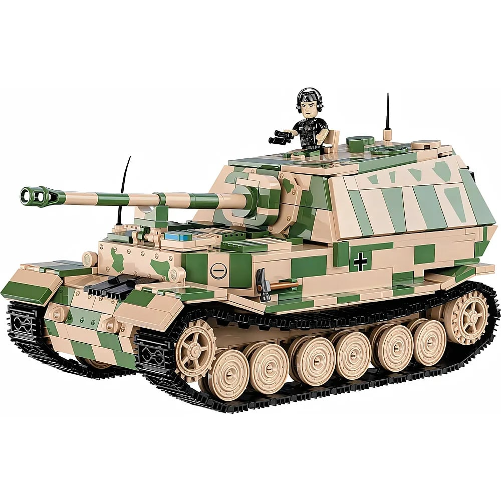 Ein getarnter Militärpanzer aus Klemmbausteinen mit Raupenketten und einer Figur in der Luke.