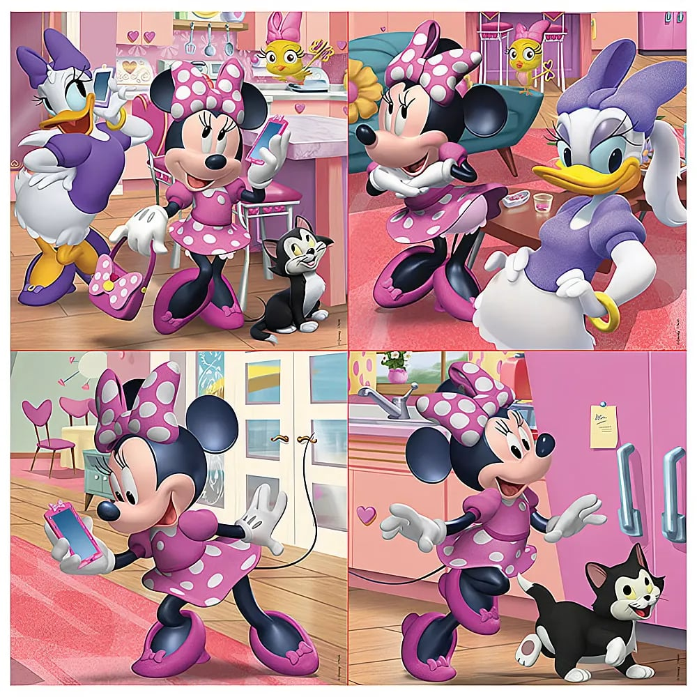 Cuatro paneles muestran a Minnie Mouse y Daisy Duck en escenas rosadas con un gatito negro.