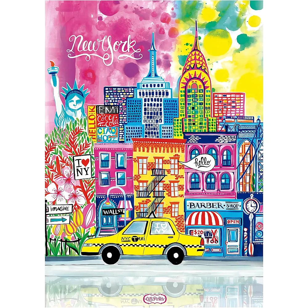 Ilustración vibrante y colorida de Nueva York con monumentos famosos, edificios y un taxi amarillo.