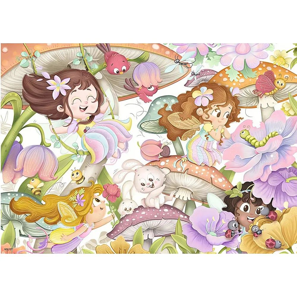 Magische Feen, ein weißer Hase, Vögel und Marienkäfer spielen im bunten Zauberwald voller Pilze und Blumen.
