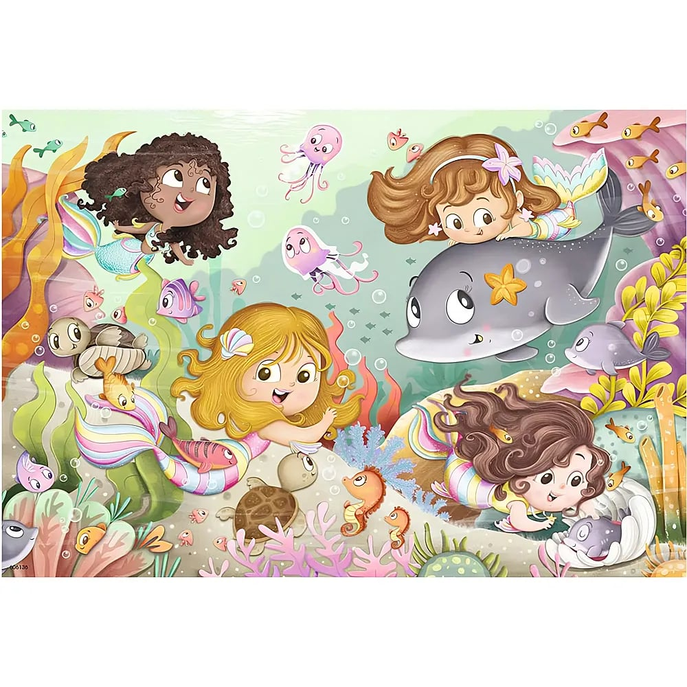 Verschiedene Meerjungfrauen schwimmen mit Delfinen, Schildkröten und bunten Fischen im Ozean.