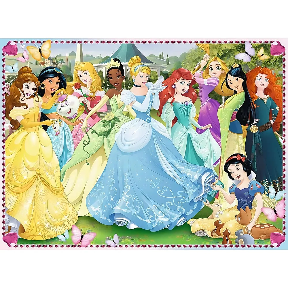 Principesse Disney riunite in un giardino lussureggiante con farfalle.