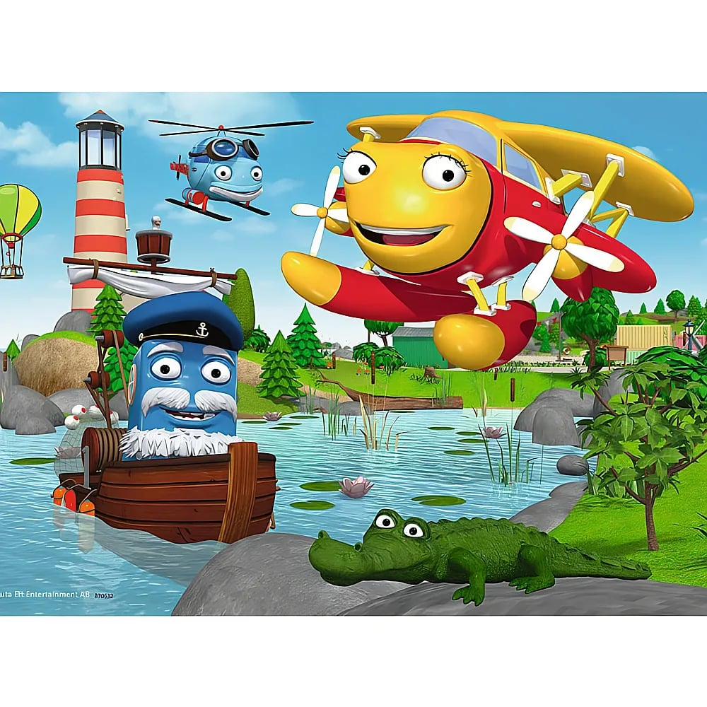 Ein rotes und gelbes Flugzeug fliegt über eine Cartoon-Landschaft mit einem Leuchtturm, einem Boot und einem Alligator.