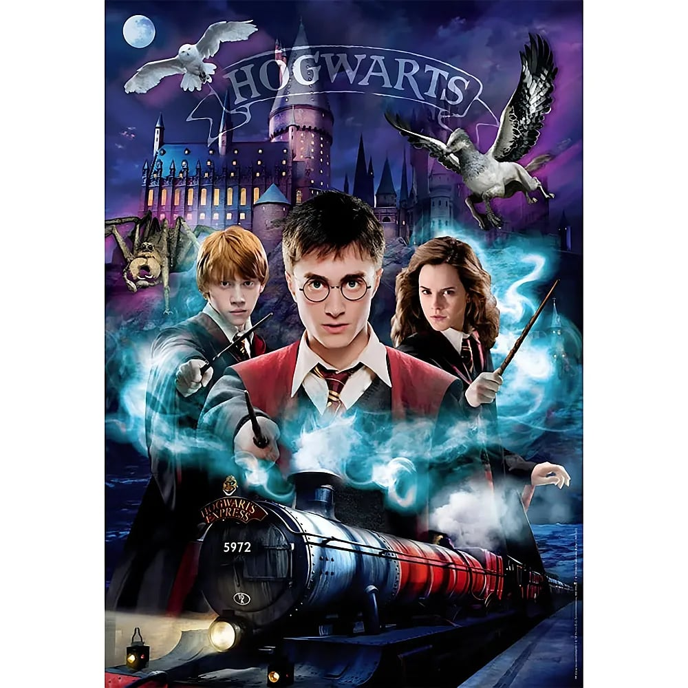 Harry, Ron und Hermine vor Hogwarts mit Hogwarts Express, Eule und Hippogreif.