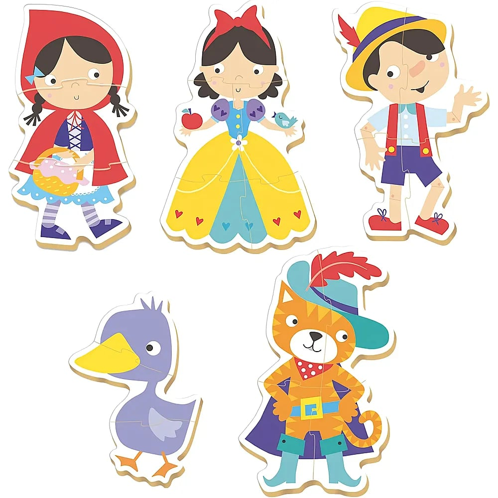 Cinco rompecabezas de madera de personajes como Caperucita Roja, Blancanieves, Pinocho, un pato y el Gato con Botas.
