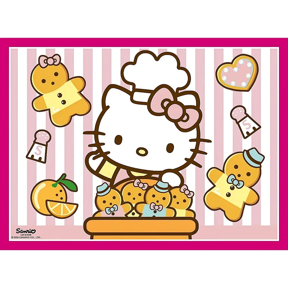 Hello Kitty mit Kochmütze, umgeben von Lebkuchenmännern, einer Orange und Streuern vor rosa gestreiftem Hintergrund.