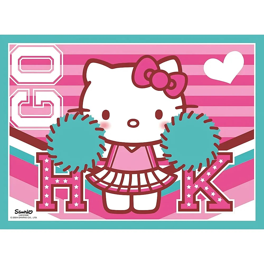 Hello Kitty als Cheerleader mit Pompons vor pink-weiß gestreiftem Hintergrund und dem Schriftzug HK.