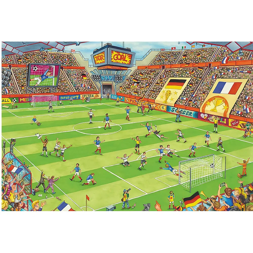 Ein belebtes Fußballstadion mit Spielern auf dem grünen Rasen und vollen, jubelnden Rängen.