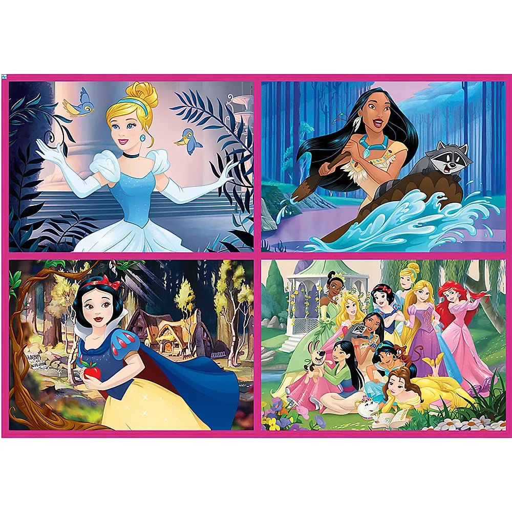 Collage aus vier Disney-Prinzessinnen-Szenen mit Aschenputtel, Pocahontas, Schneewittchen und einer Gruppe von Prinzessinnen.