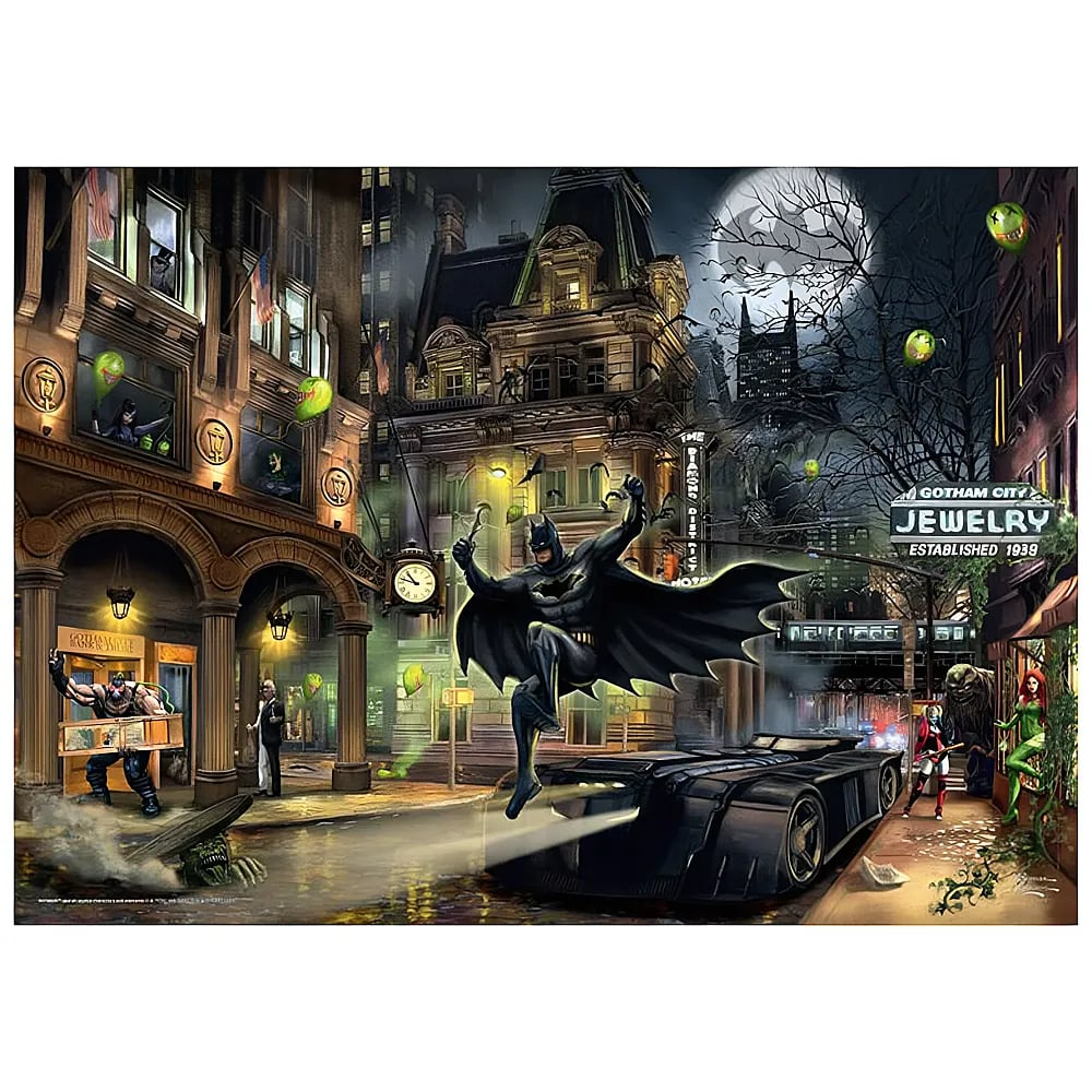 Batman bondit à Gotham la nuit devant la Batmobile, entouré de vilains.