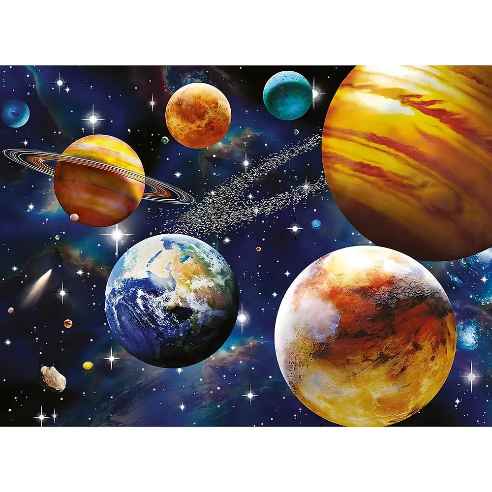 Universo colorido con planetas, estrellas y galaxias en el espacio oscuro.