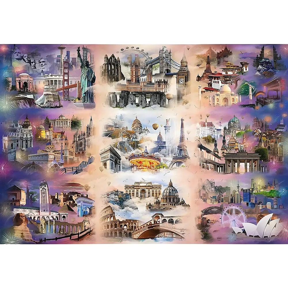 Eine Collage berühmter globaler Wahrzeichen wie Freiheitsstatue, Eiffelturm und Kolosseum.