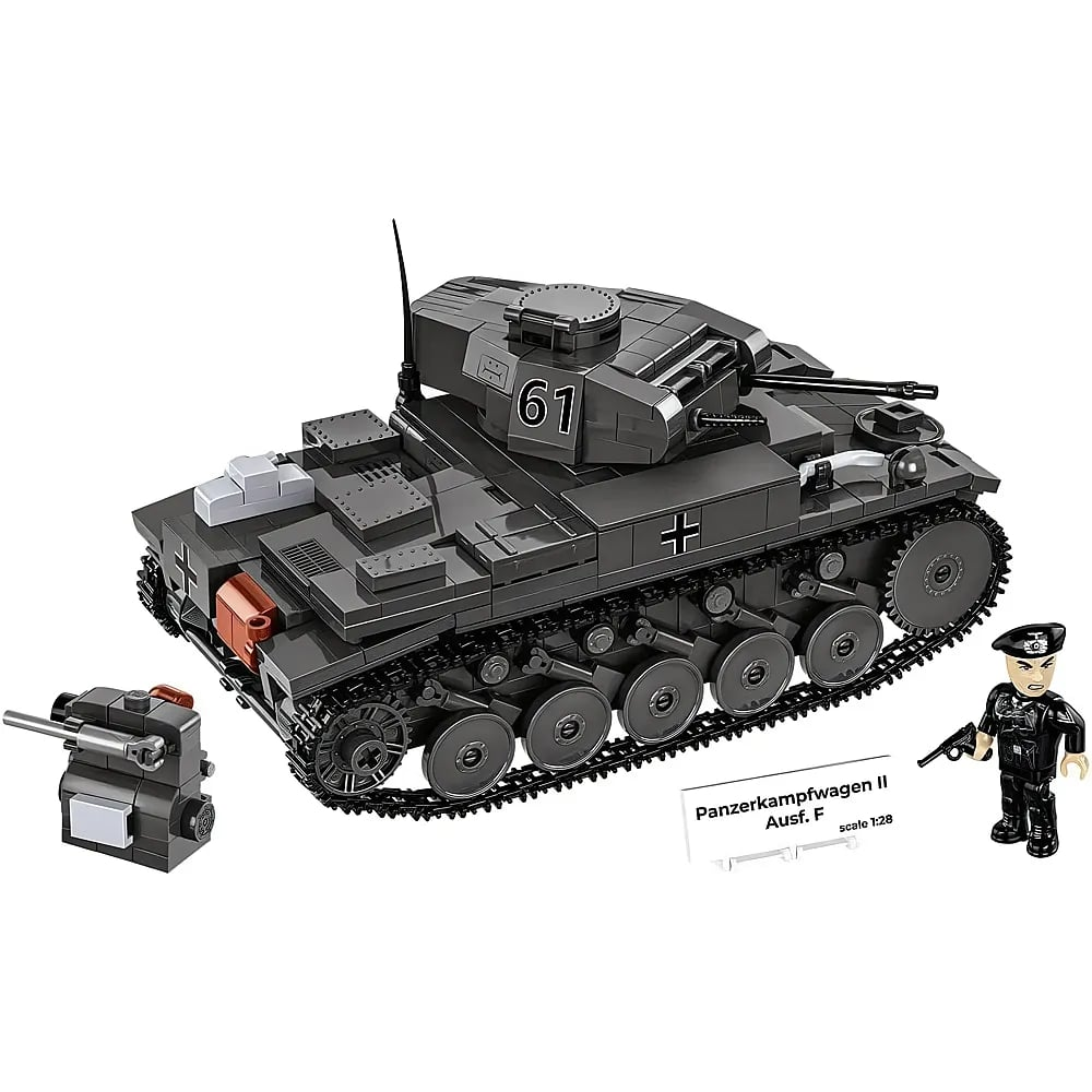 Ein grauer Panzer aus Bausteinen mit der Nummer 61, eine kleine Kanone, ein Schild und eine Spielfigur.