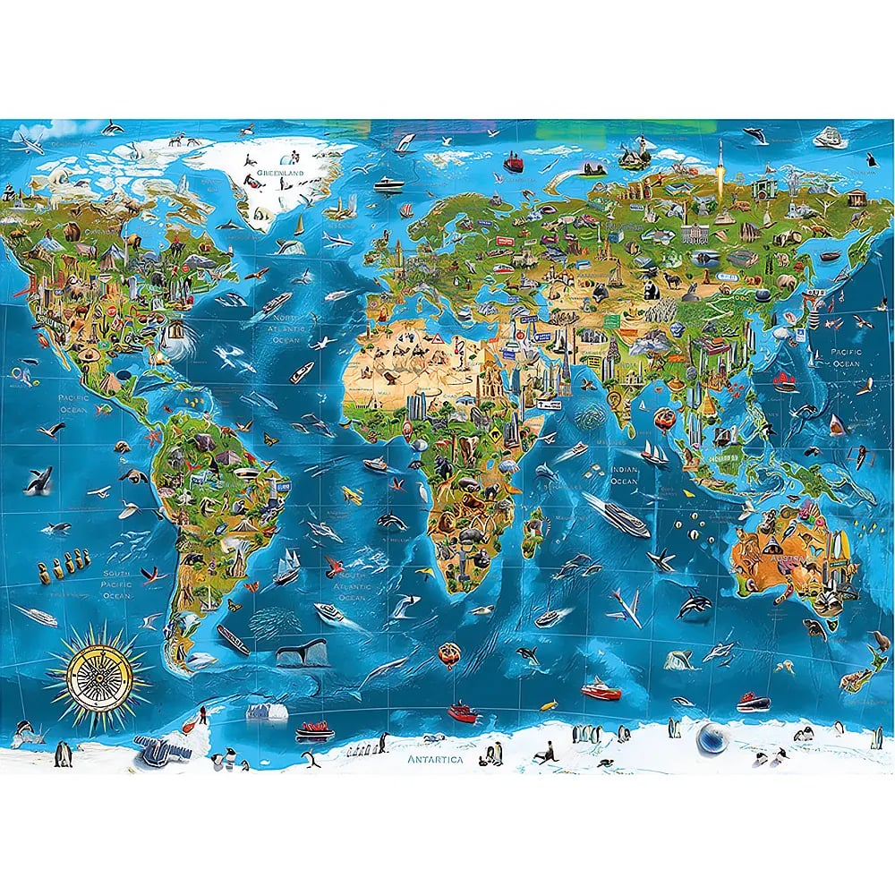 Une carte du monde illustrée et colorée avec des animaux, des monuments et des véhicules.