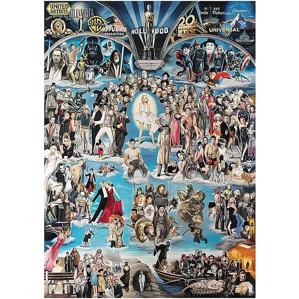 Eine riesige Collage aus bekannten Hollywood-Filmfiguren und Studiosymbolen auf blauem Hintergrund.