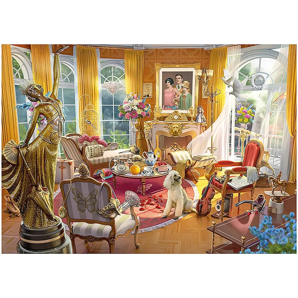 Sala de estar lujosa con estatua dorada, caniche blanco, cortinas amarillas, chimenea y arte.