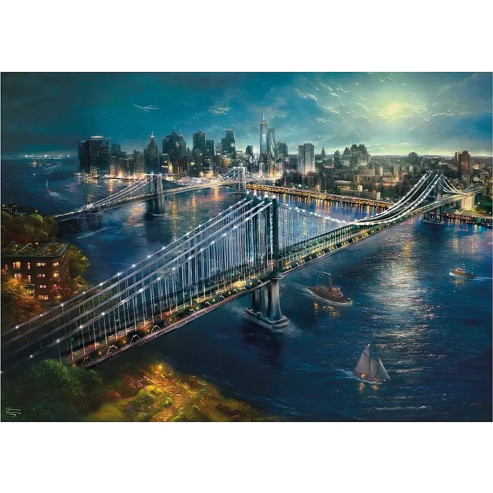 Nachtansicht einer erleuchteten Brücke über den Fluss mit der Skyline der Stadt im Hintergrund.