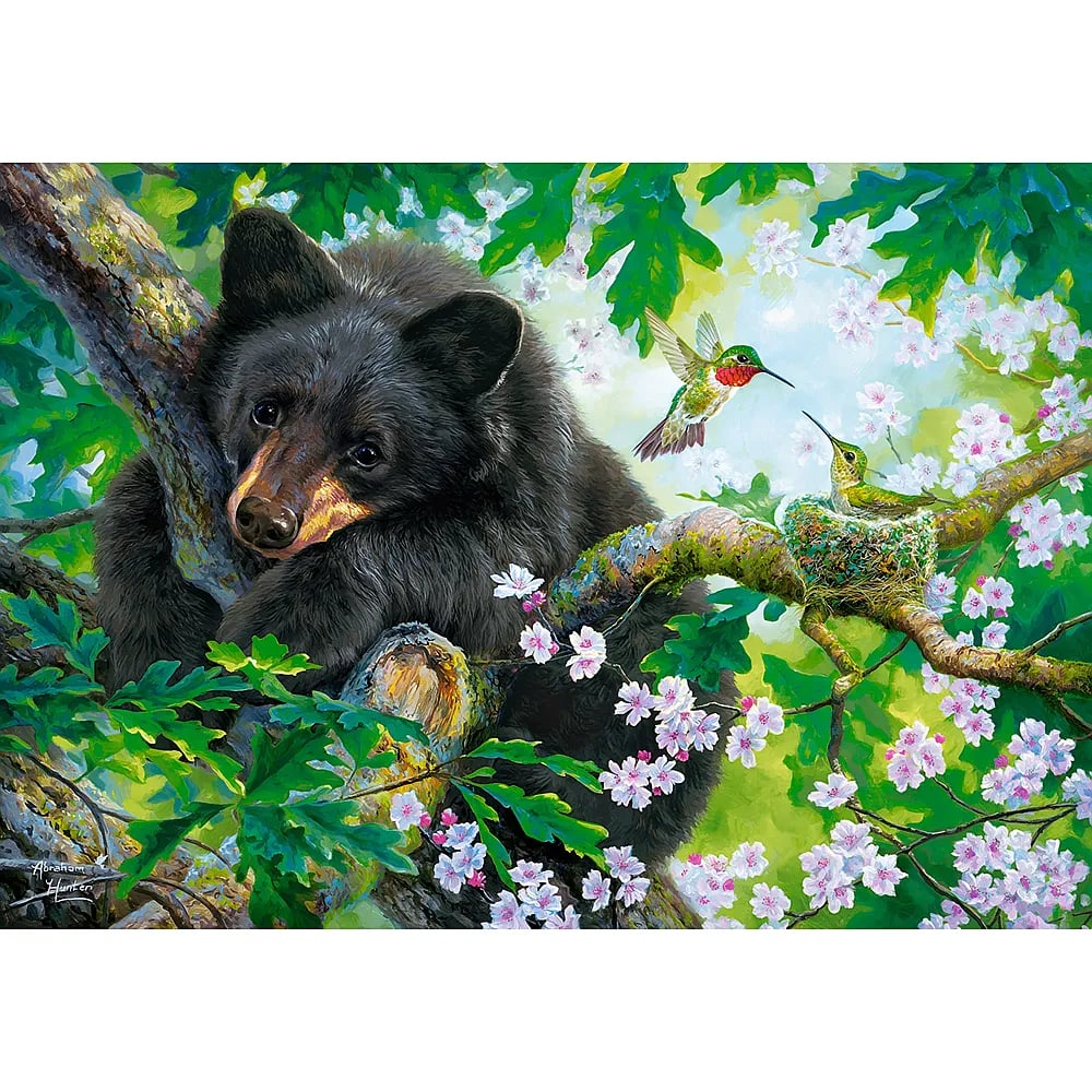 Ein Schwarzbär ruht in einem blühenden Baum, während zwei Kolibris sich nahe einem Nest zeigen.