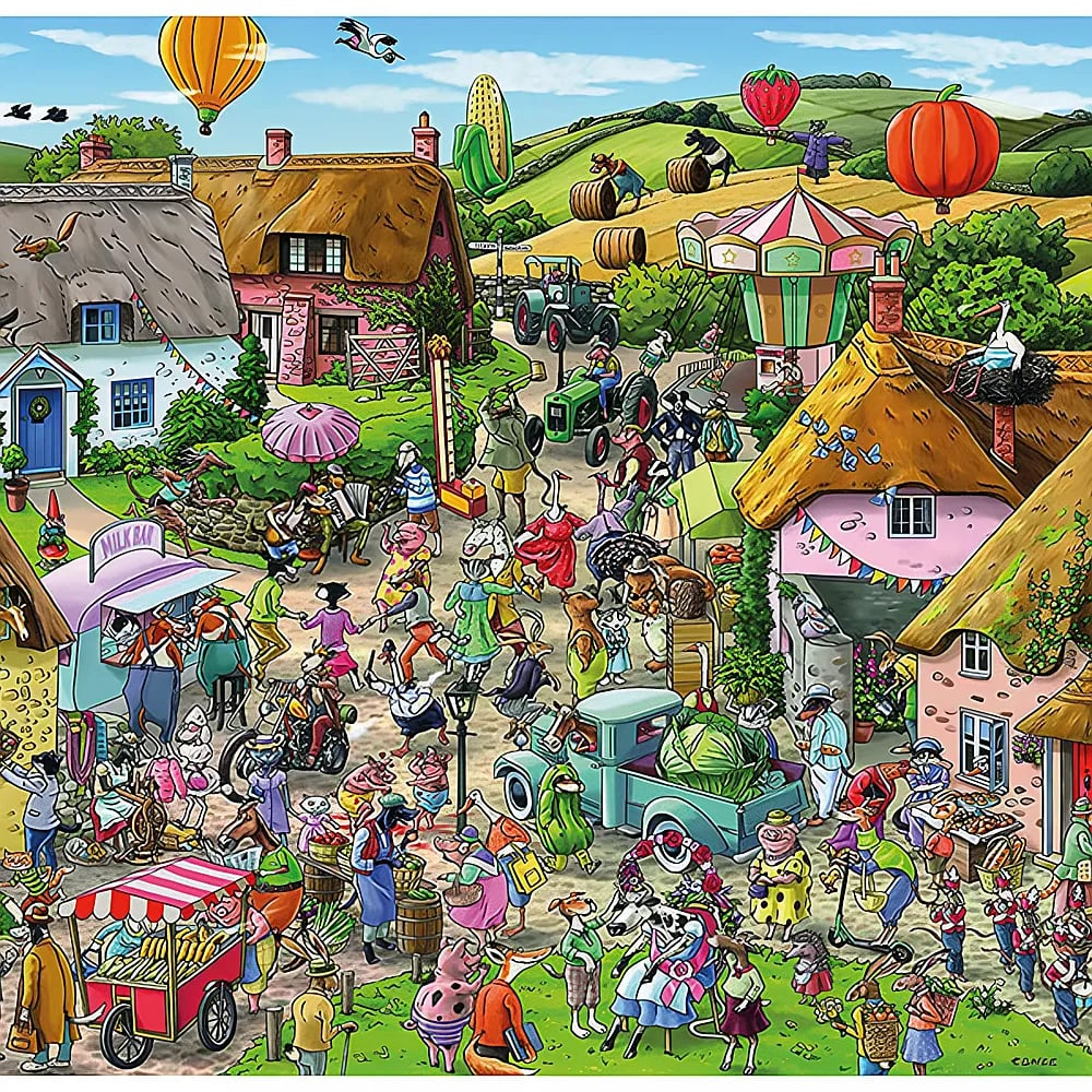 Buntes Wimmelbild mit tanzenden Tieren, Häusern, Traktoren, Heißluftballons und Markständen in ländlicher Idylle.