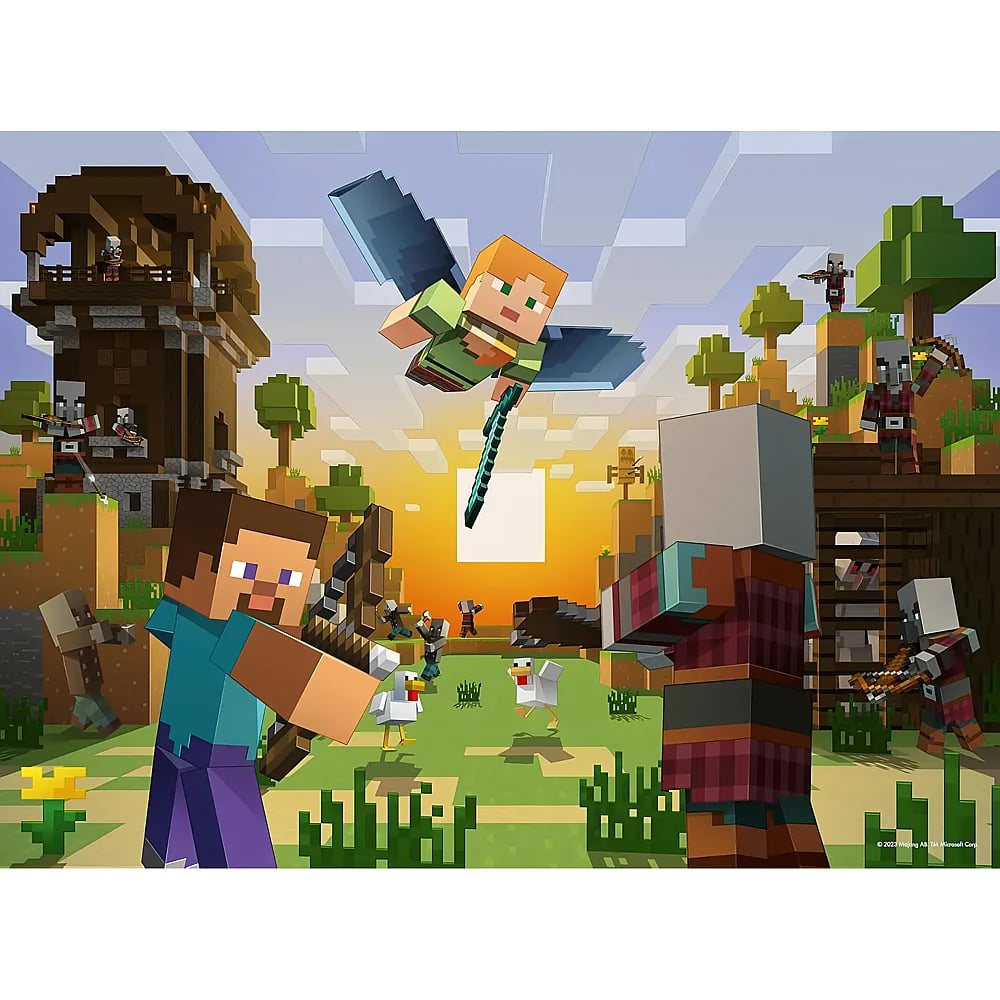 Minecraft-Charaktere, darunter Steve und Alex mit Elytra, kämpfen bei Sonnenuntergang gegen Plünderer.