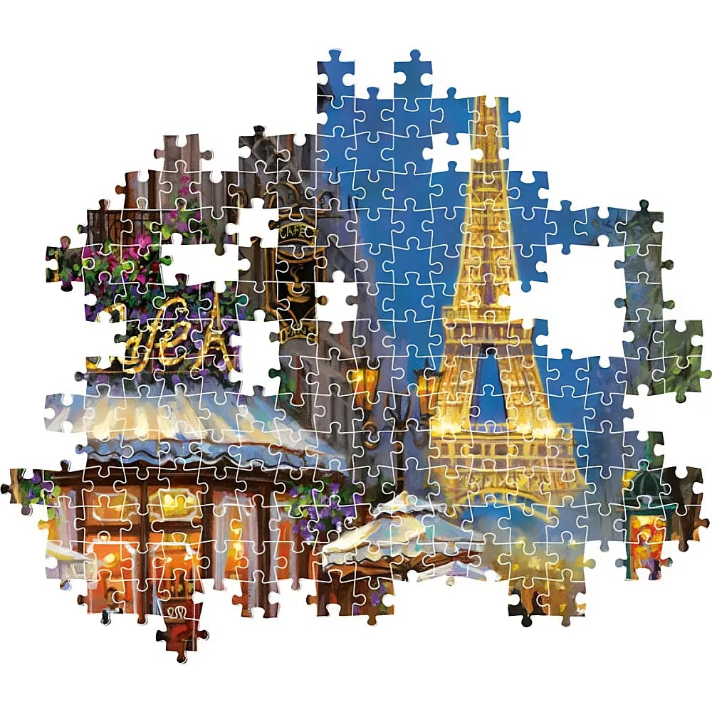 Ein teilweise zusammengesetztes Puzzle zeigt eine Pariser Straßenszene mit dem Eiffelturm und einem Straßencafé.