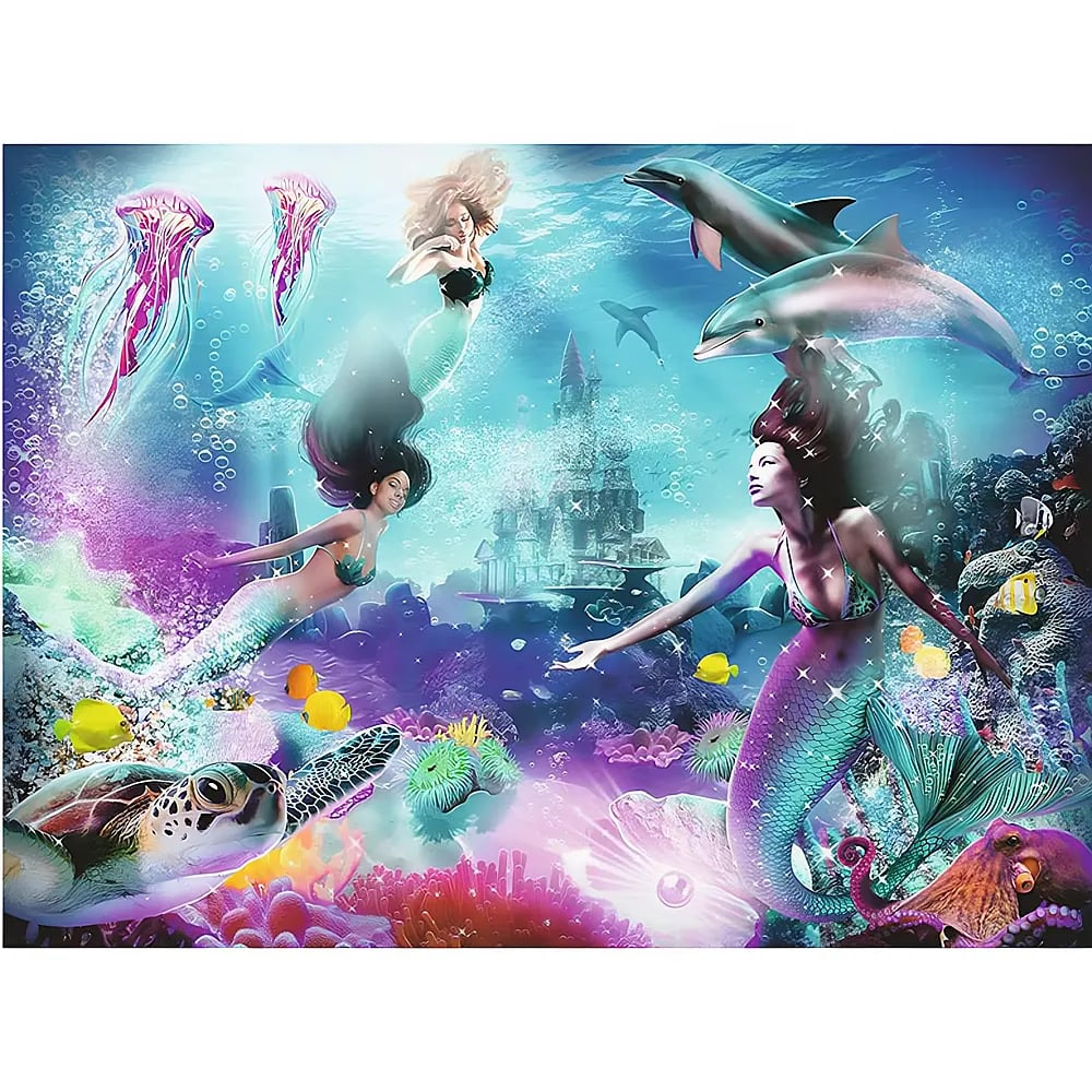 Magica scena sottomarina con sirene, delfini, meduse, una tartaruga, un polpo e un castello.