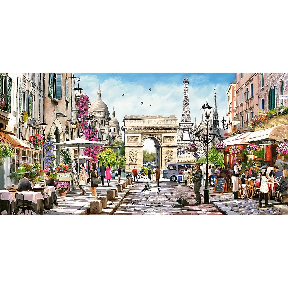 Gemälde einer belebten Pariser Straßenszene mit Cafés, dem Triumphbogen und dem Eiffelturm im Hintergrund.