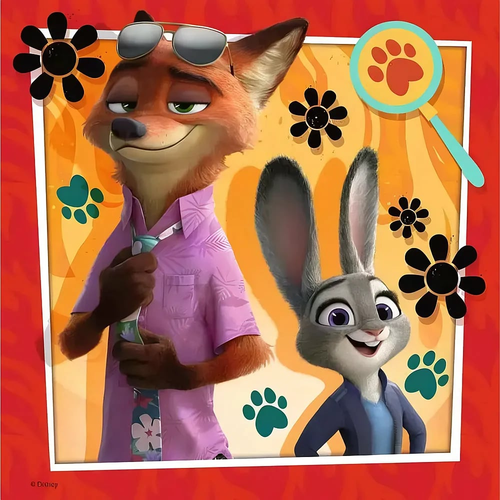 Nick Wilde mit Sonnenbrille und rosafarbenem Hemd neben Judy Hopps vor einem orangefarbenen Hintergrund mit Blumen.