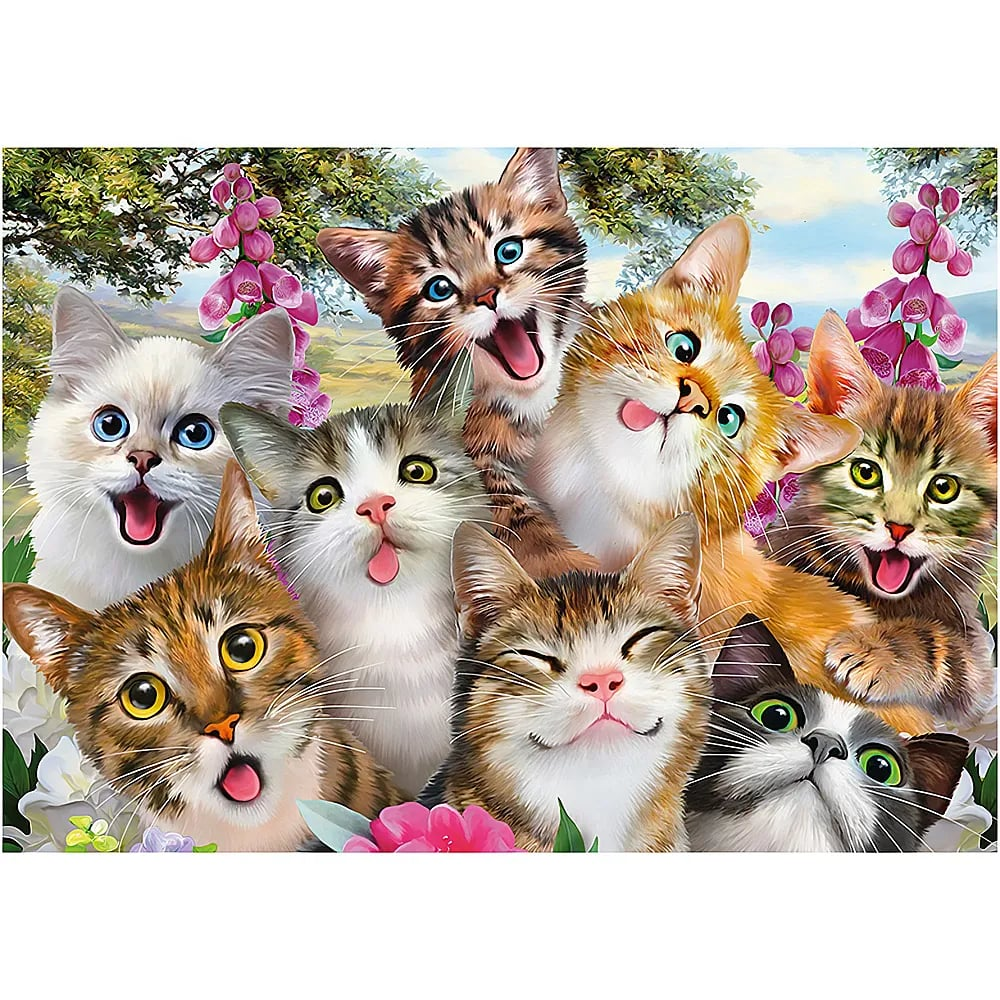 Eine Gruppe süßer, verspielter Kätzchen mit großen Augen und offenen Mäulern inmitten rosa Blumen.