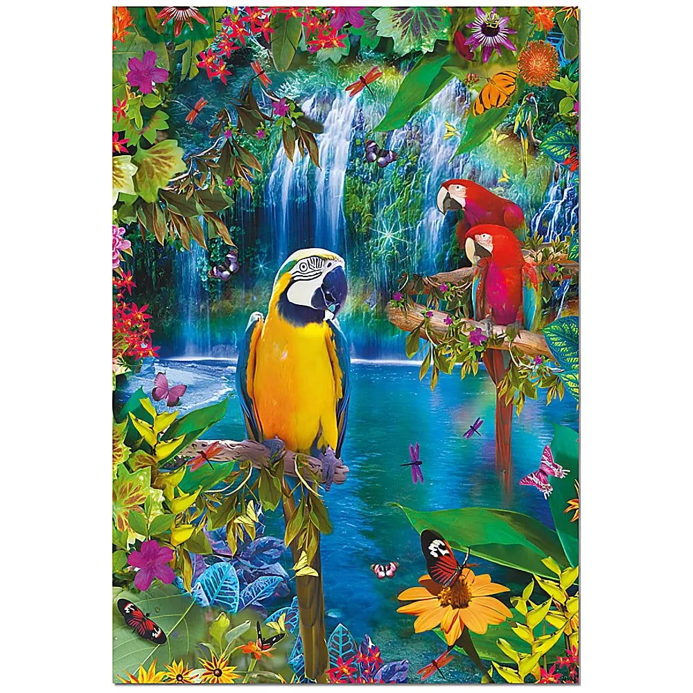 Loros coloridos se posan junto a una cascada tropical rodeados de flores y mariposas.