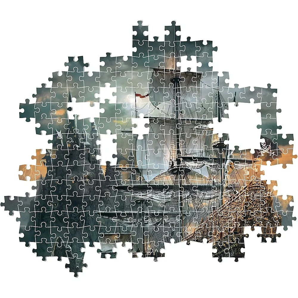 An incomplete jigsaw puzzle depicting a majestic sailing ship near a dark coastal castle.