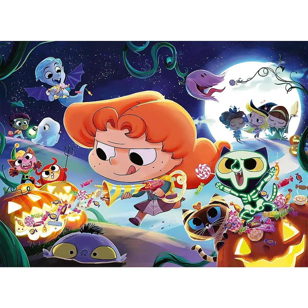 Bunte Halloween-Szene mit rothaarigem Kind, grinsenden Kürbissen, Geistern und Monstern in der Nacht.