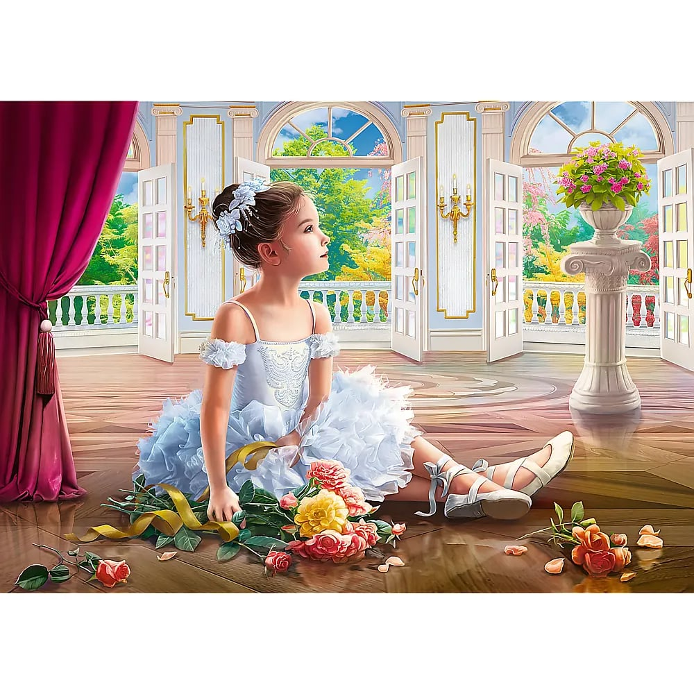 Una niña en vestido de ballet azul está sentada en un suelo de madera con rosas en una habitación soleada.