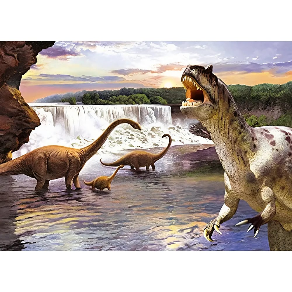 Ein fleischfressender Dinosaurier brüllt am Fluss, während im Hintergrund andere Dinosaurier vor einem Wasserfall stehen.