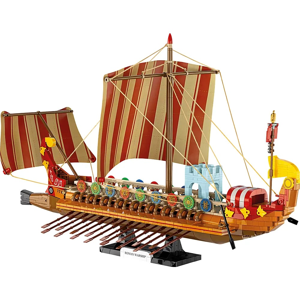 Un modèle Lego détaillé d'un navire de guerre romain avec des voiles rouges et beige, sur un support.