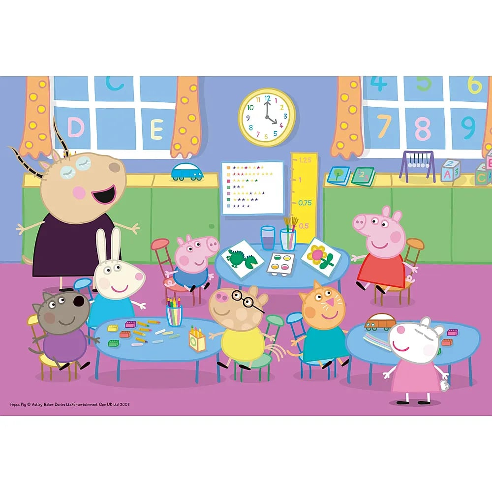 Antelope teacher Madame Gazelle and animal children in a colorful, bright preschool classroom with alphabet and numbers.