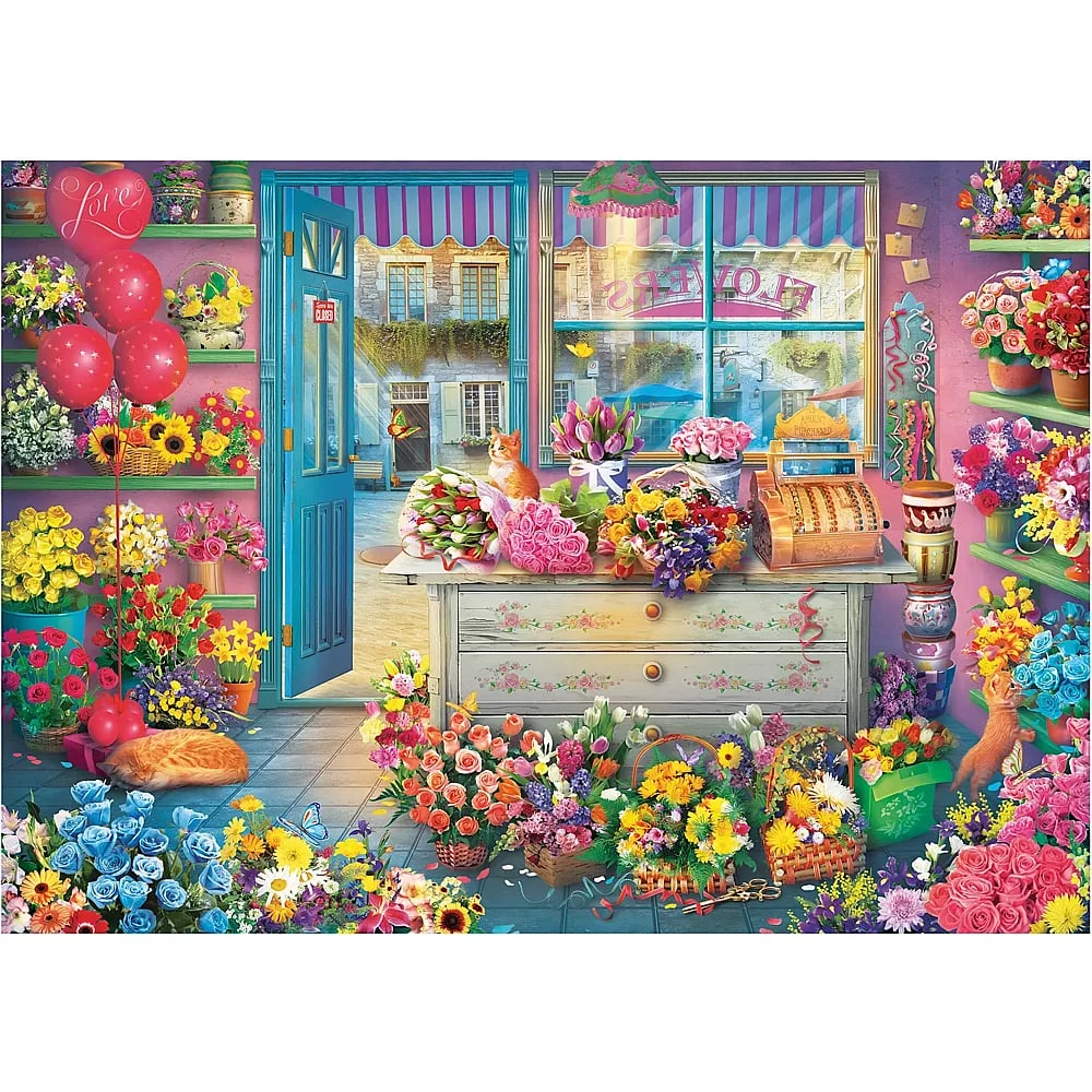 Ein farbenfroher Blumenladen mit Sträußen, Ballons, einer Kasse und zwei orangefarbenen Katzen.