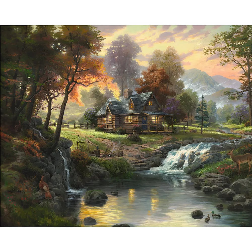 Peinture d'un chalet en bois près d'une rivière au coucher du soleil, avec cerfs et canards.
