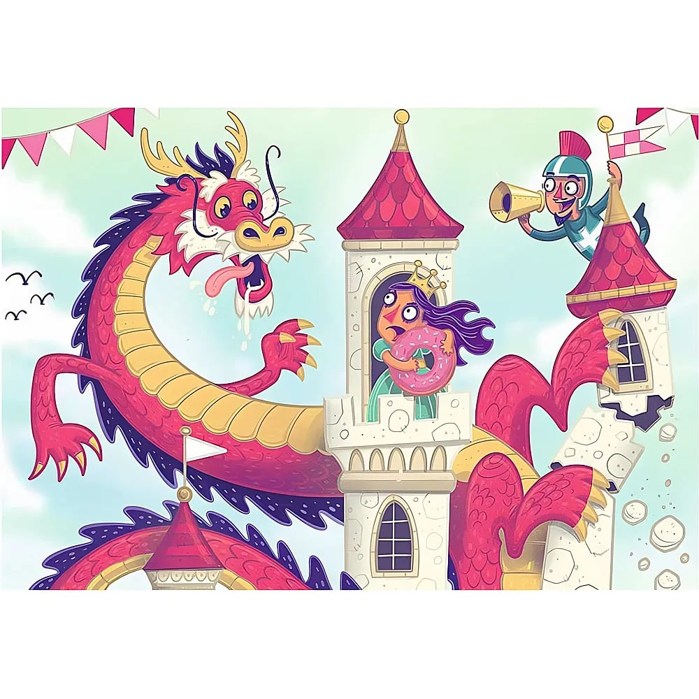 Ein rosafarbener Drache windet sich um einen Schlossturm, während eine Prinzessin einen Donut hält und ein Ritter ruft.