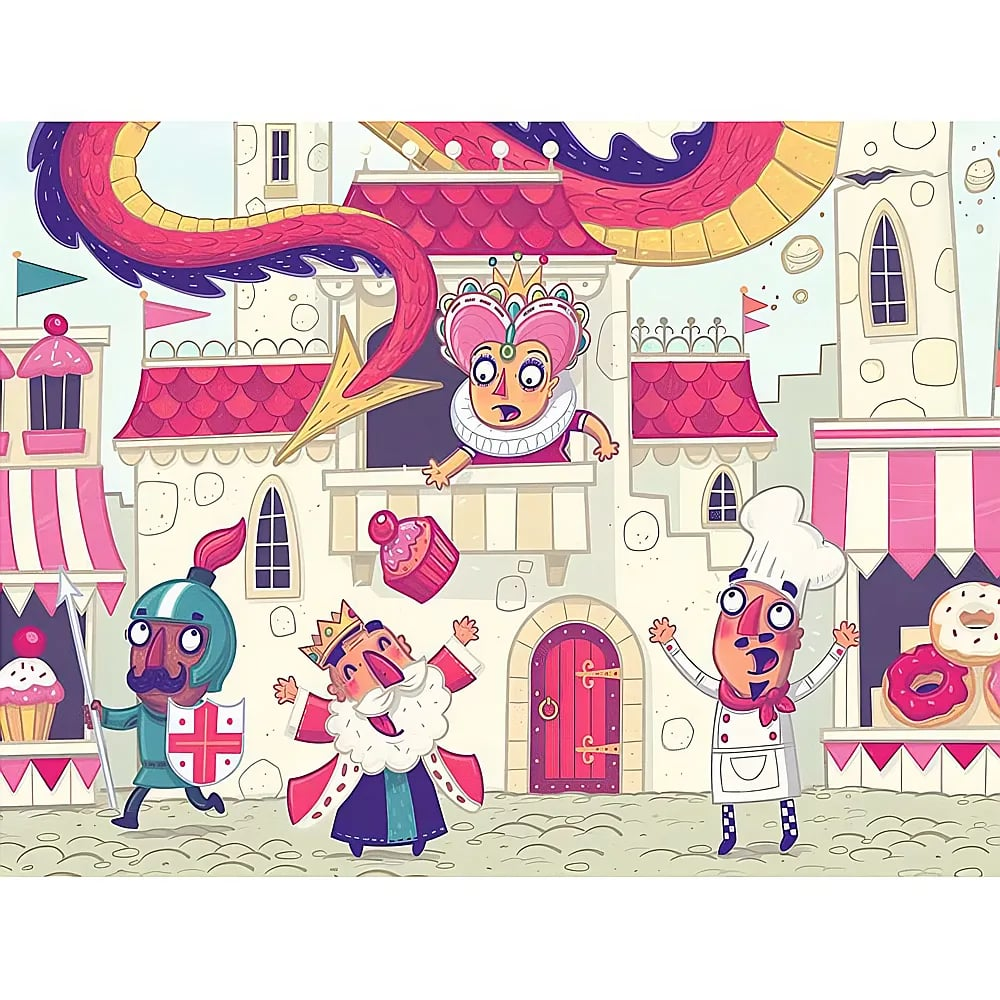 Illusion einer Burg mit einer Königin, einem König, Koch, Ritter und einem roten Drachen.