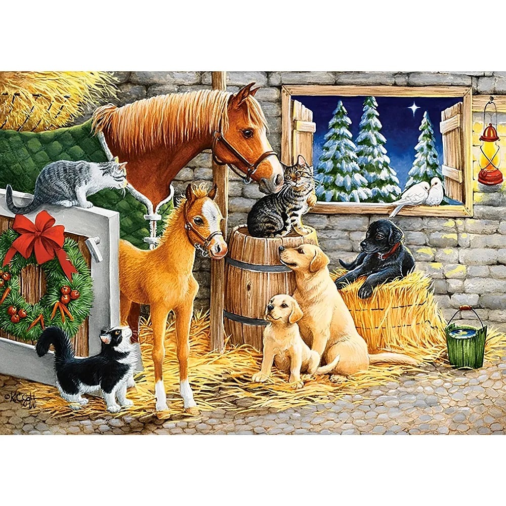 Gemälde mit Pferden, Katzen und Hunden in einem Stall im Winter mit verschneiten Tannen im Fenster.